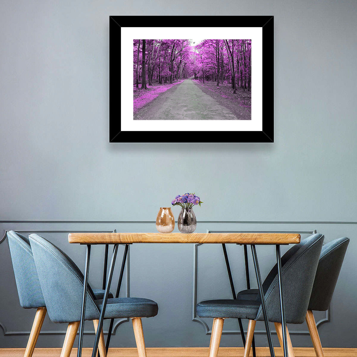 Magenta Autumn Forest Road Wall Art in a room, landscape
