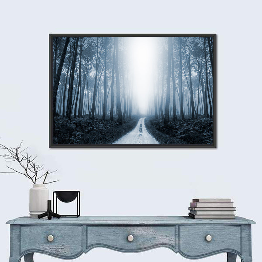 Misty Forest Road at Twilight Wall Art in a room, landscape