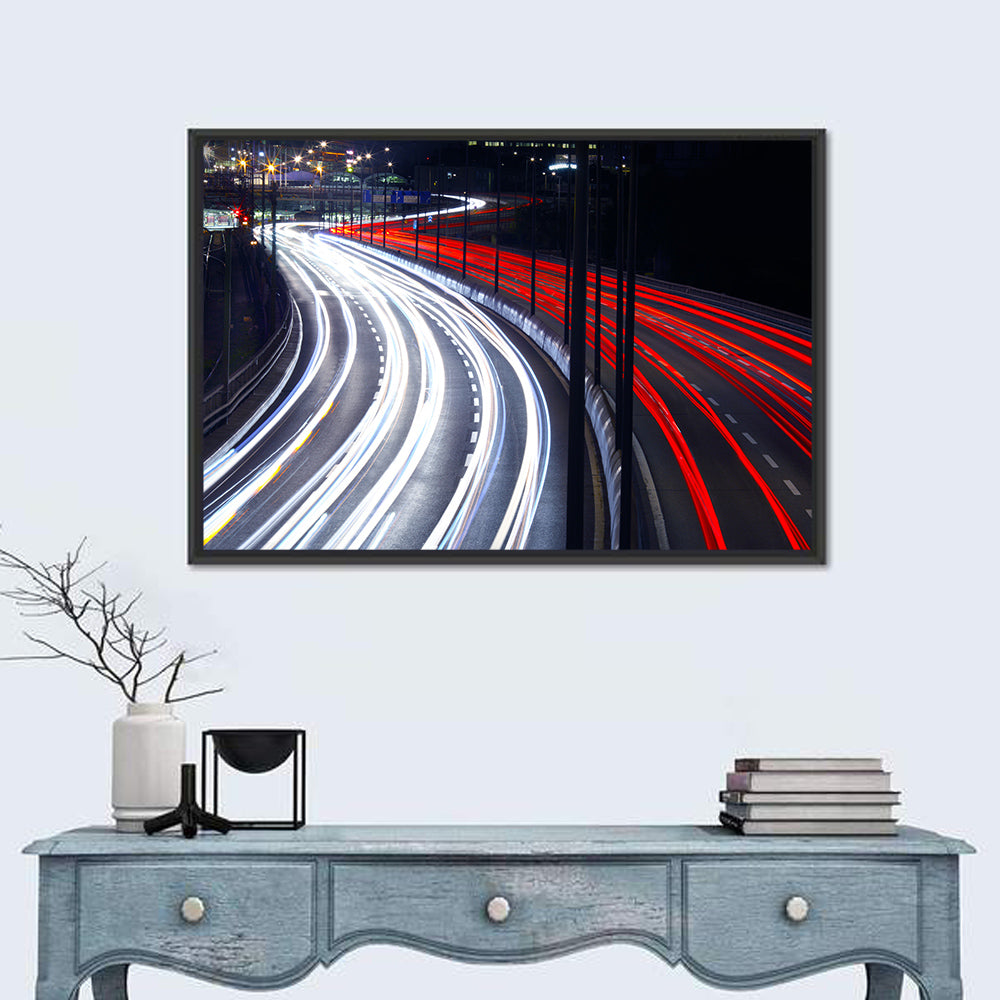 Night Highway Light Trails Wall Art in a room, landscape