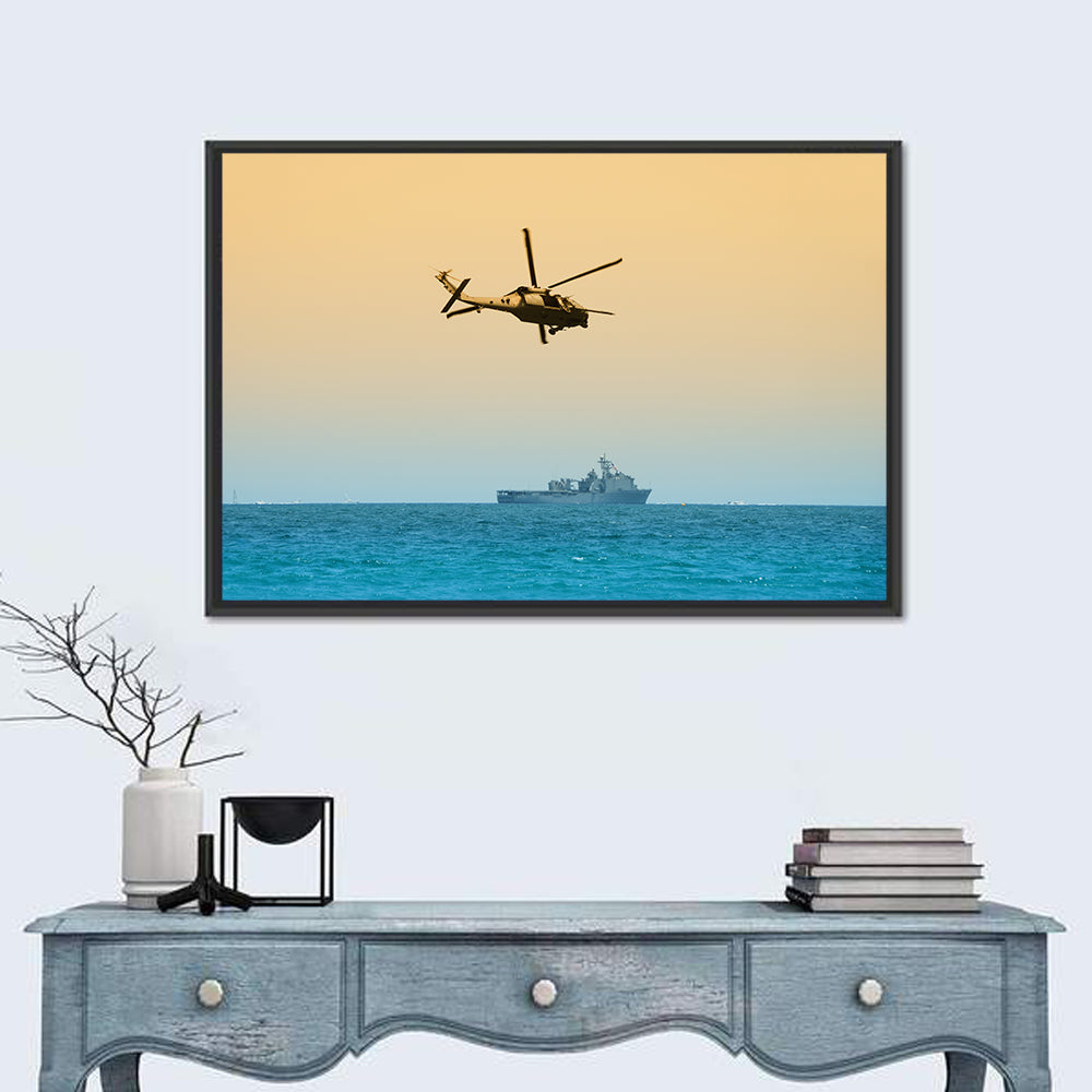 Helicopter Over Warship at Sea Wall Art