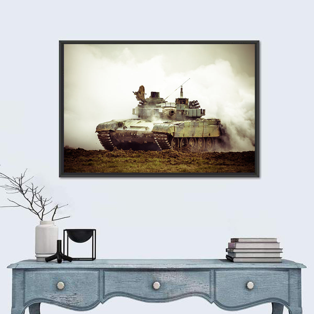 Camouflaged Battle Tank in Smoke Wall Art in a room, landscape