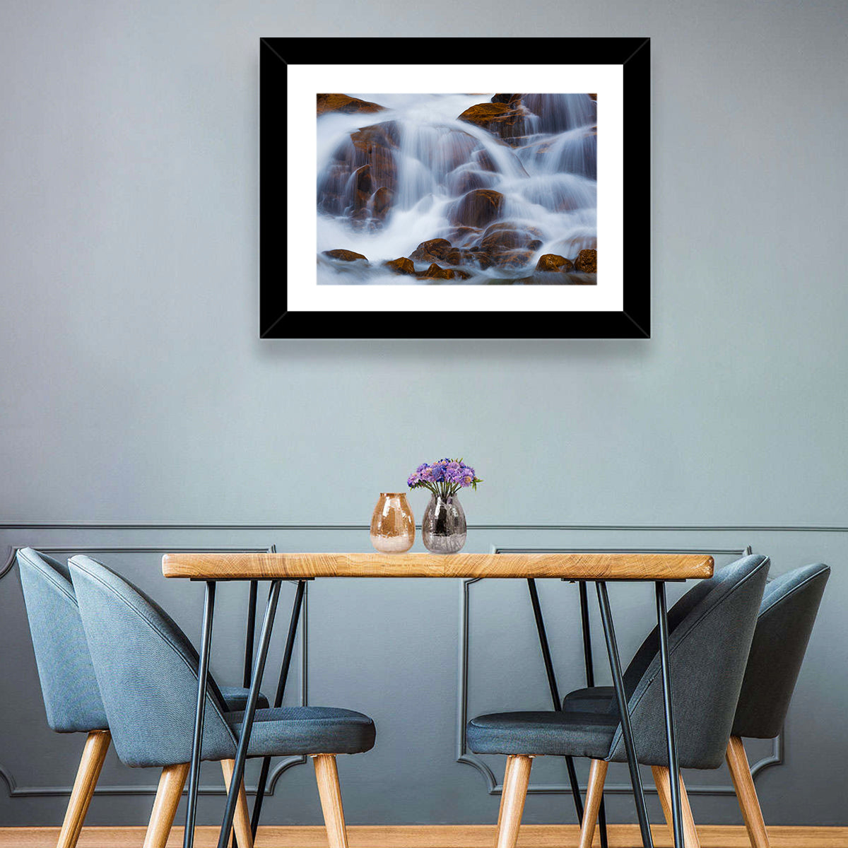 Rocky Mountain Waterfall Wall Art in a room, landscape