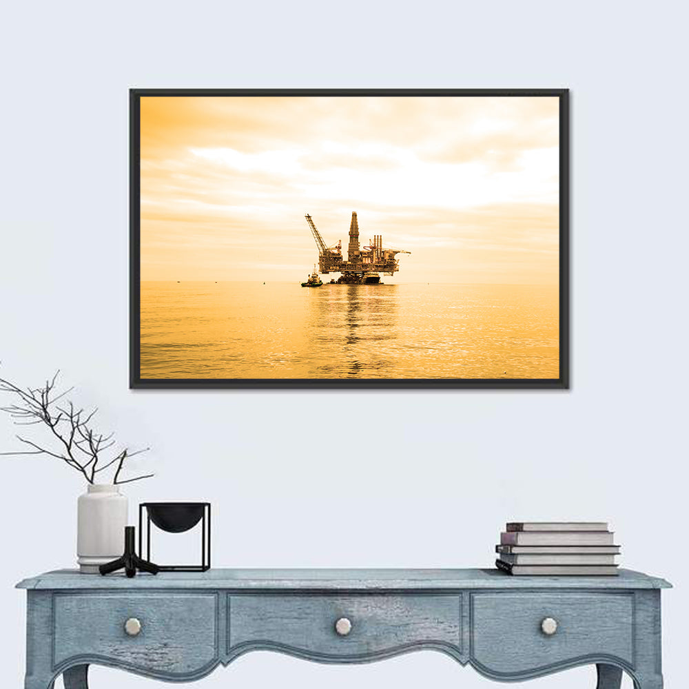 Golden Hour Oil Rig Wall Art in a room, landscape