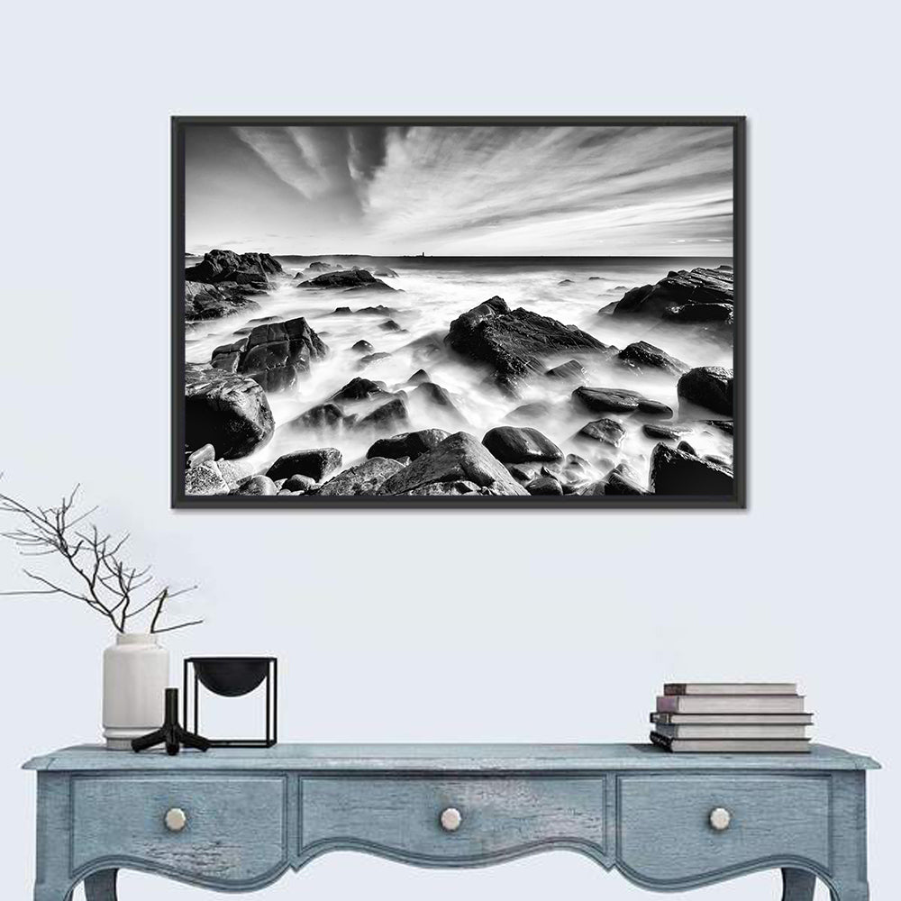 Maine Rocky Coast with Distant Lighthouse Wall Art in a room, landscape