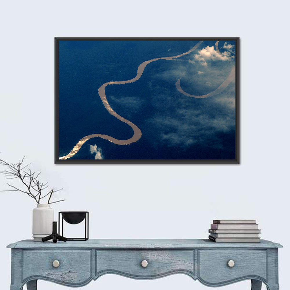 Sunlit Meander of the Amazon River Wall Art in a room, landscape