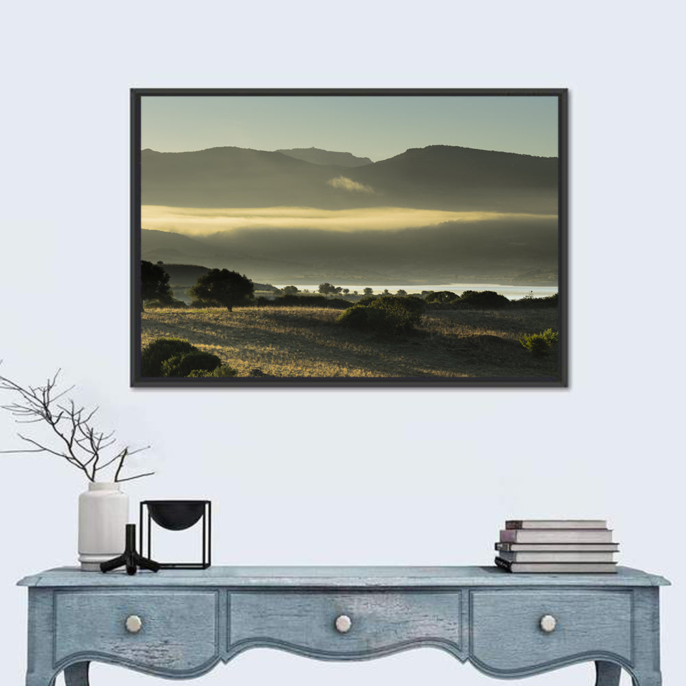 Lake Omodeo Morning Mist Wall Art in a room, landscape