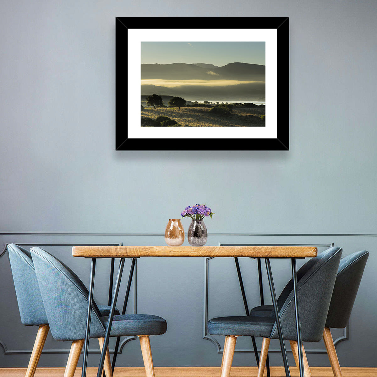 Lake Omodeo Morning Mist Wall Art in a room, landscape
