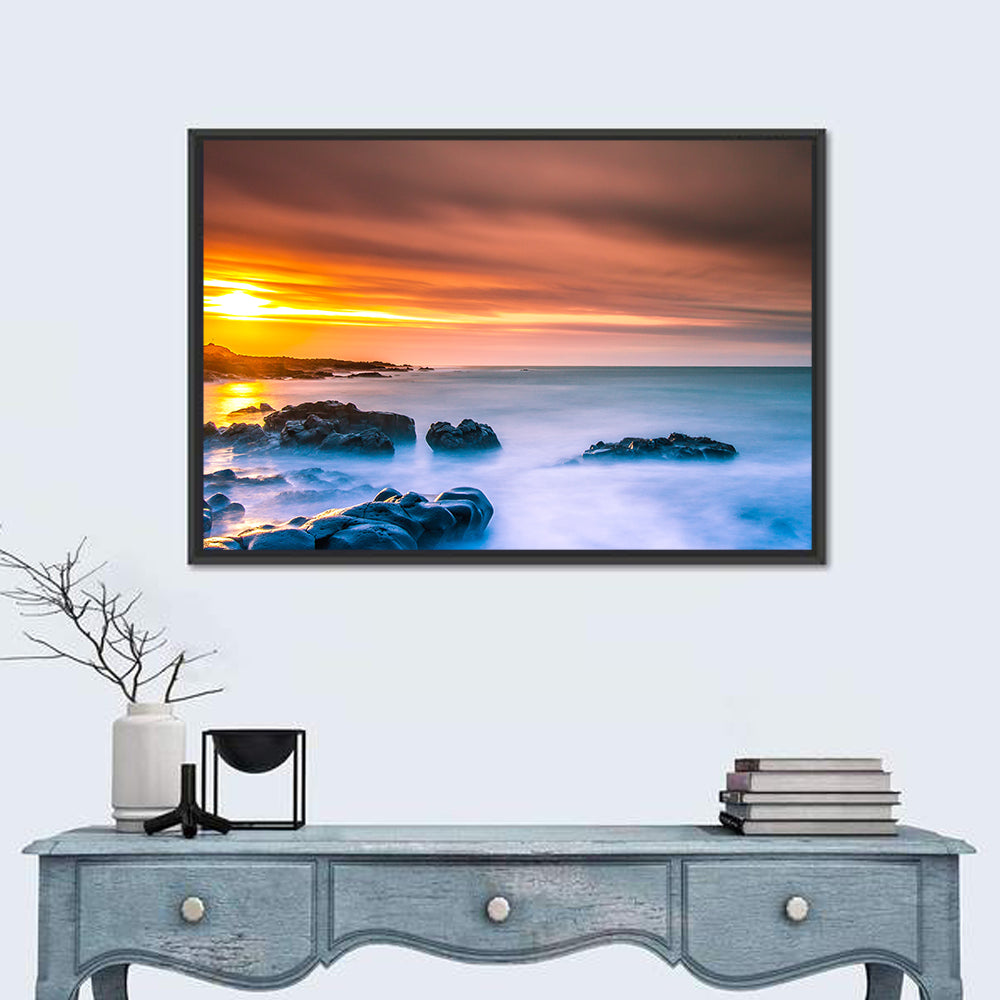 Reykjanes Golden Hour Beach Wall Art in a room, landscape