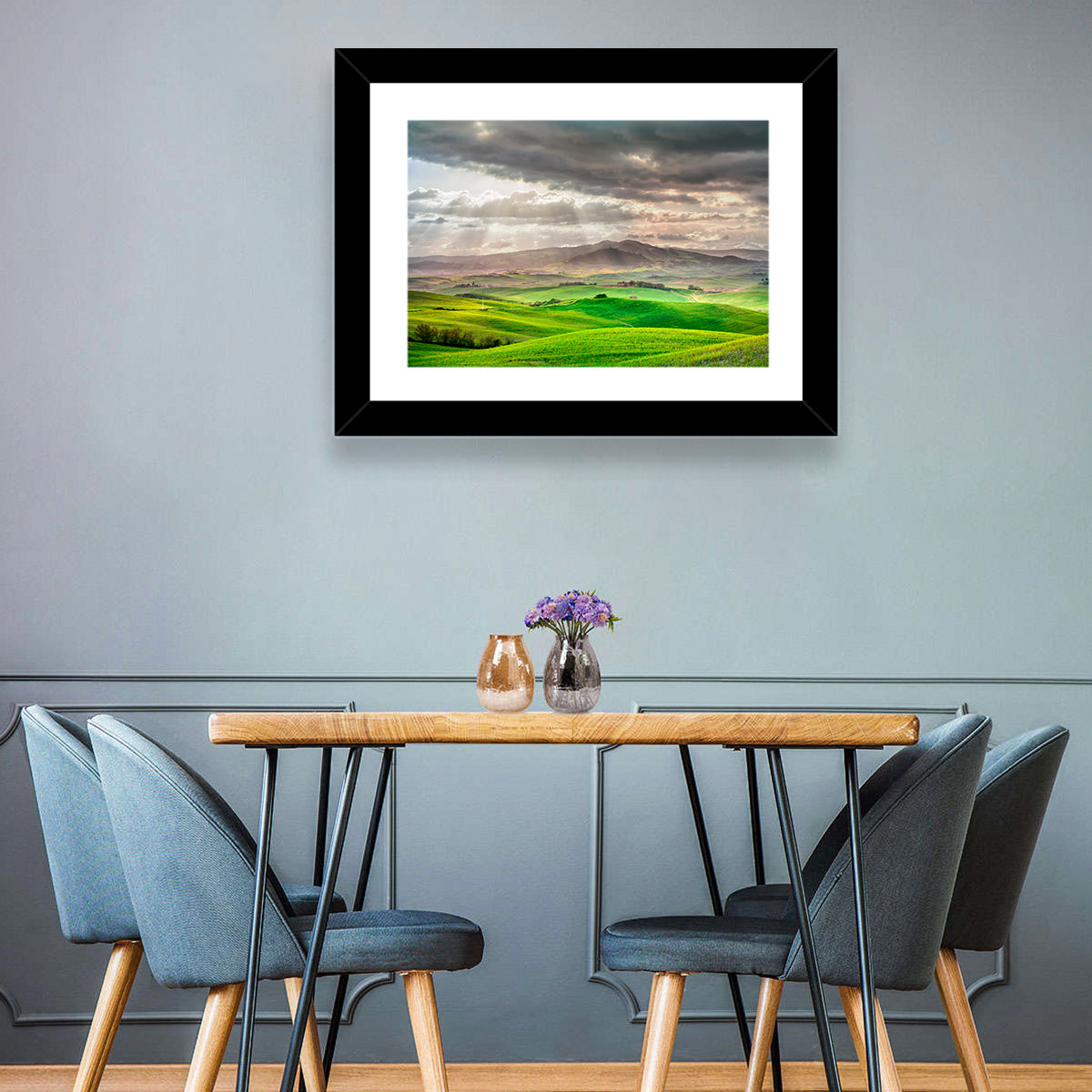 Tuscan Sunlit Hills Wall Art in a room, landscape