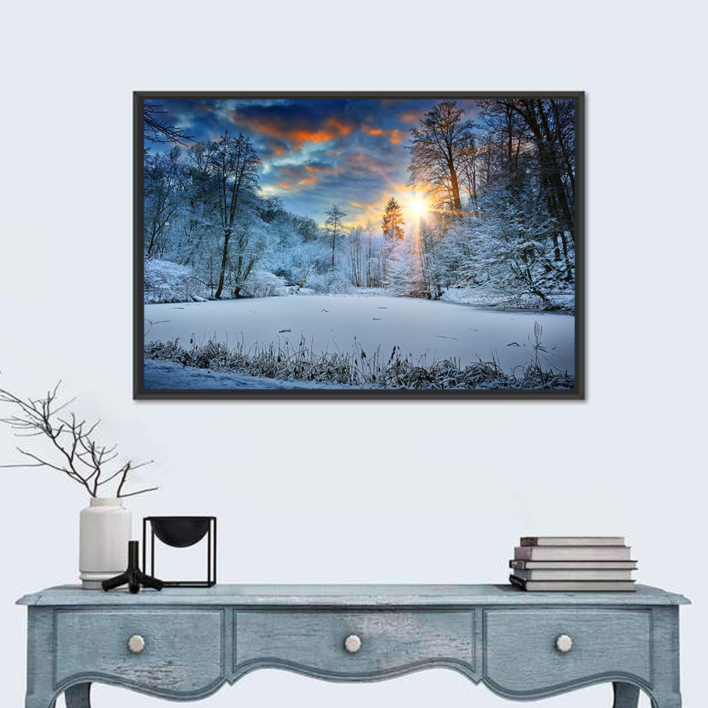 Frozen Forest Lake Wall Art in a room, landscape
