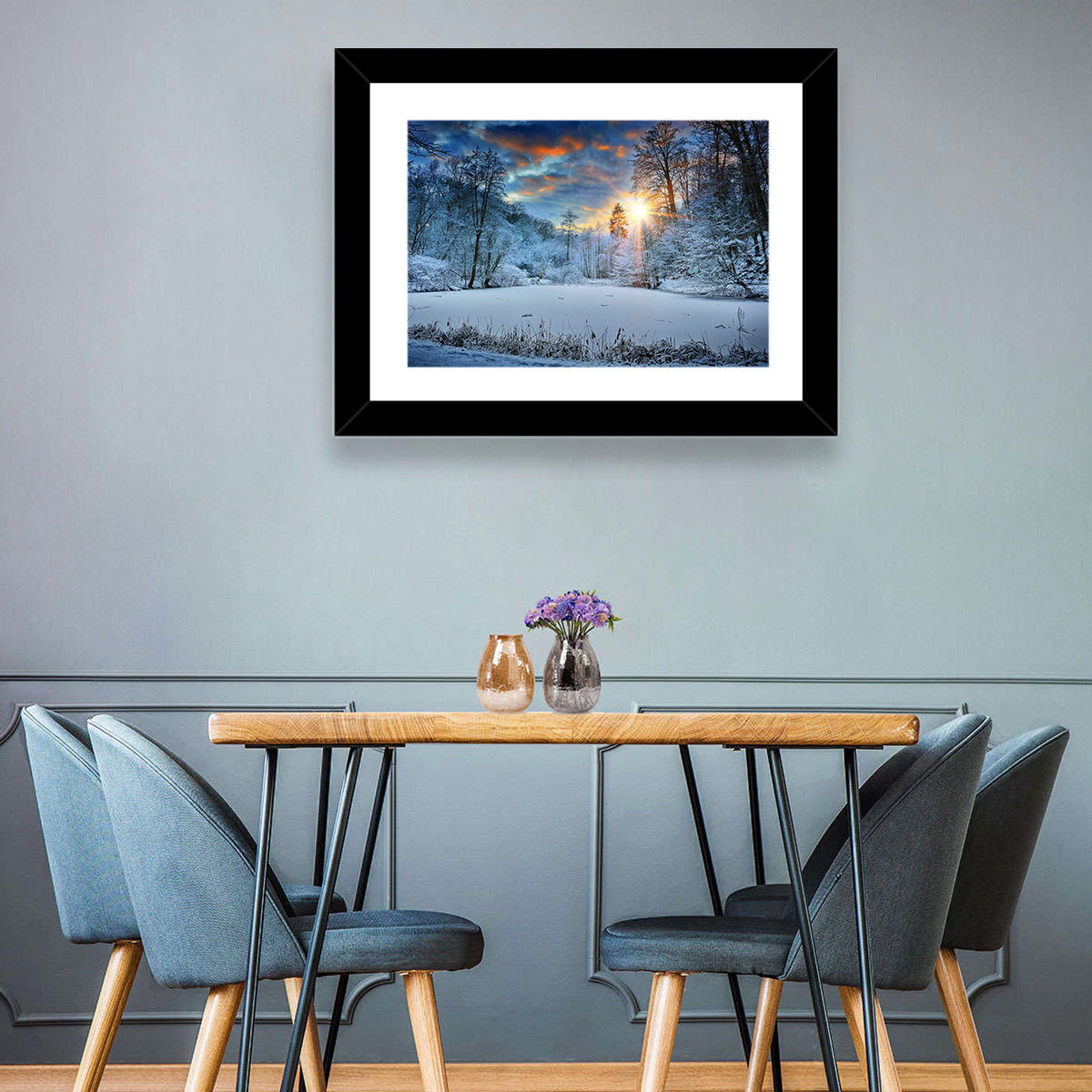 Frozen Forest Lake Wall Art in a room, landscape