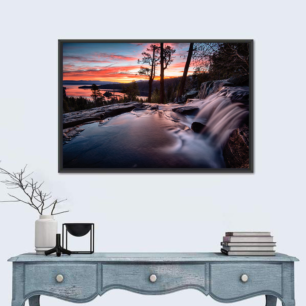 Waterfall Near Lake Tahoe Wall Art in a room, landscape