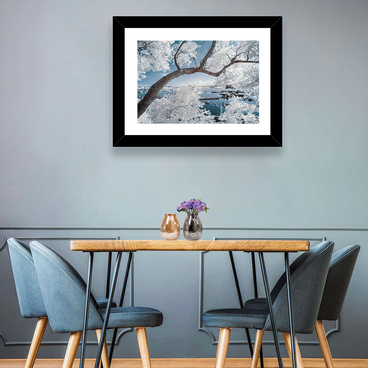Curving Winter Tree Over Lake Wall Art in a room, landscape