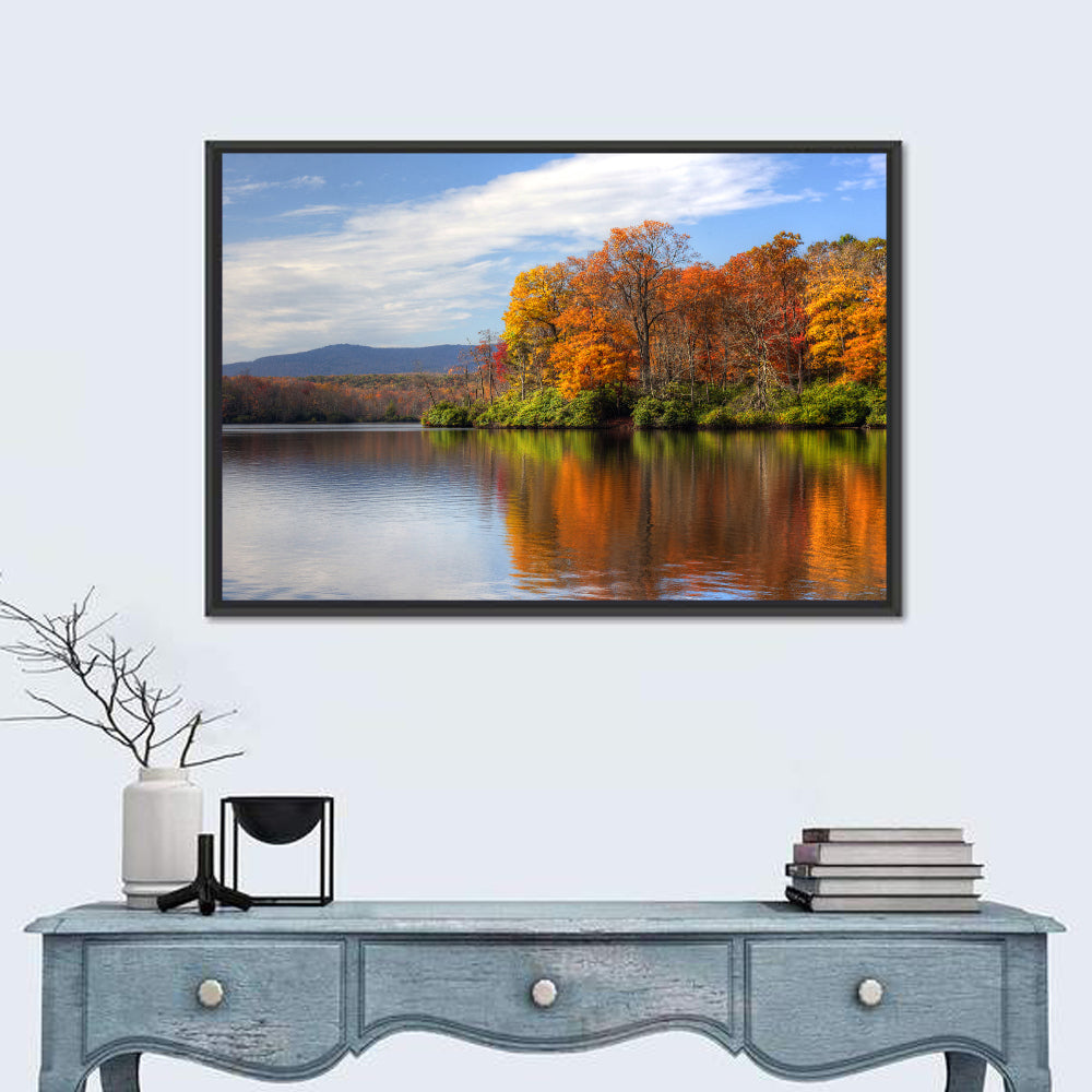 Autumn Lake with Mountain Reflection Wall Art in a room, landscape