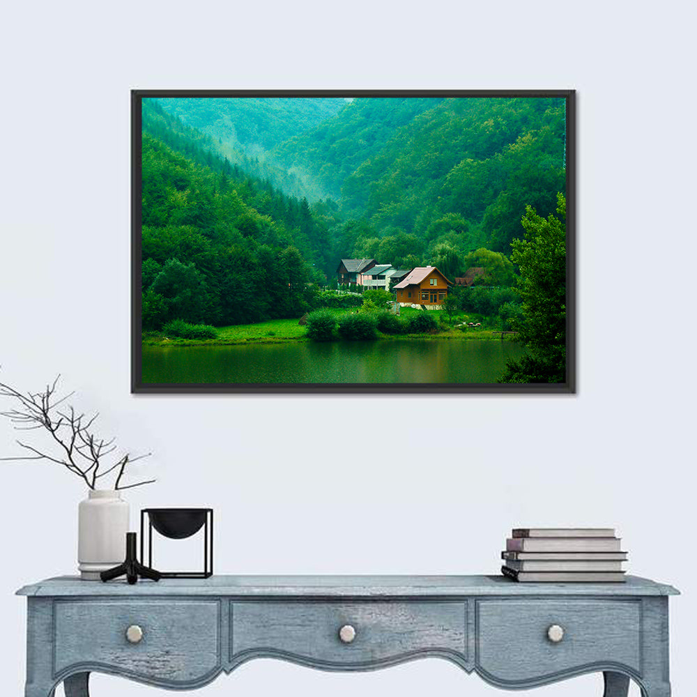 Mist Over Lake Tarnita Wall Art in a room, landscape
