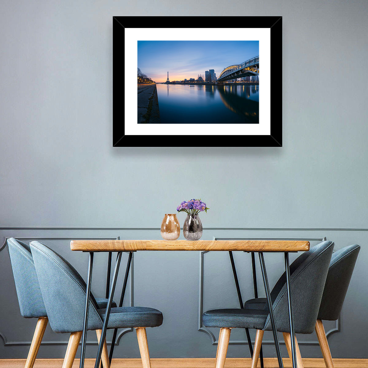 Eiffel Tower Golden Hour Reflection Wall Art in a room, landscape