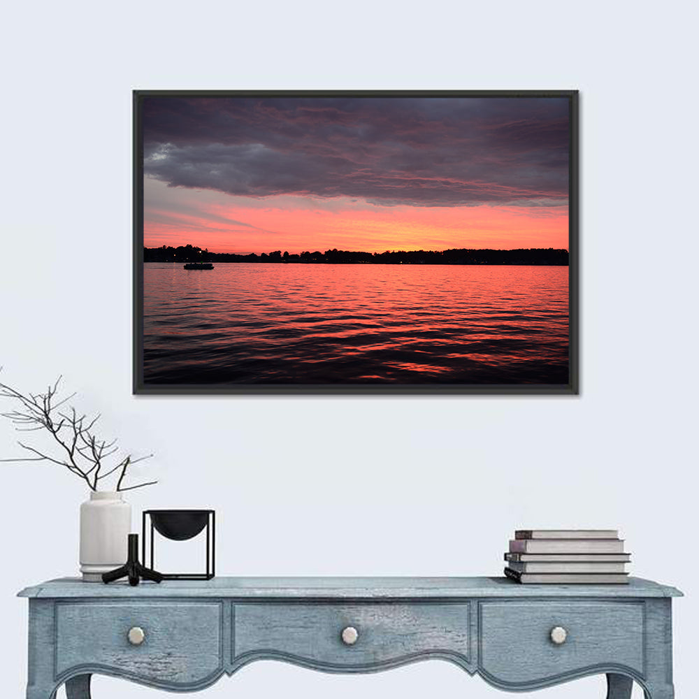 Lake James Sunset with Boat Wall Art in a room, landscape