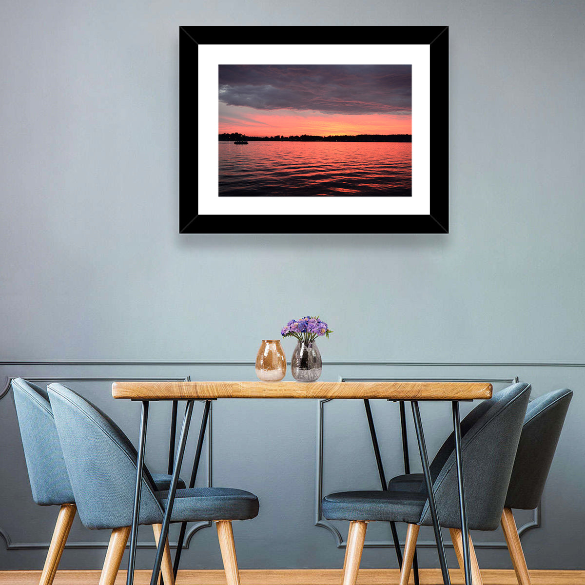 Lake James Sunset with Boat Wall Art in a room, landscape