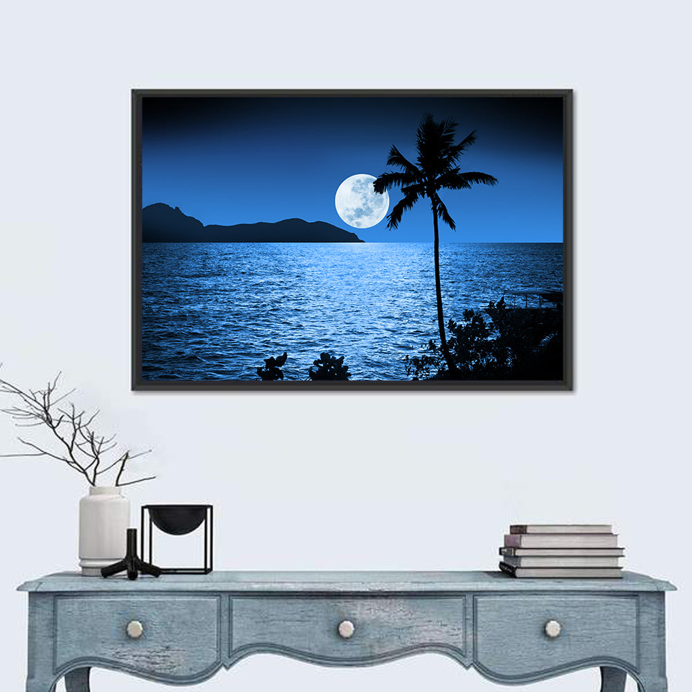 Moonlit Tropical Shore Silhouette Wall Art
