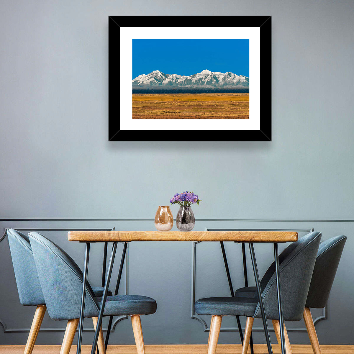 Snow-capped Peaks Over Lake Titicaca Wall Art in a room, landscape