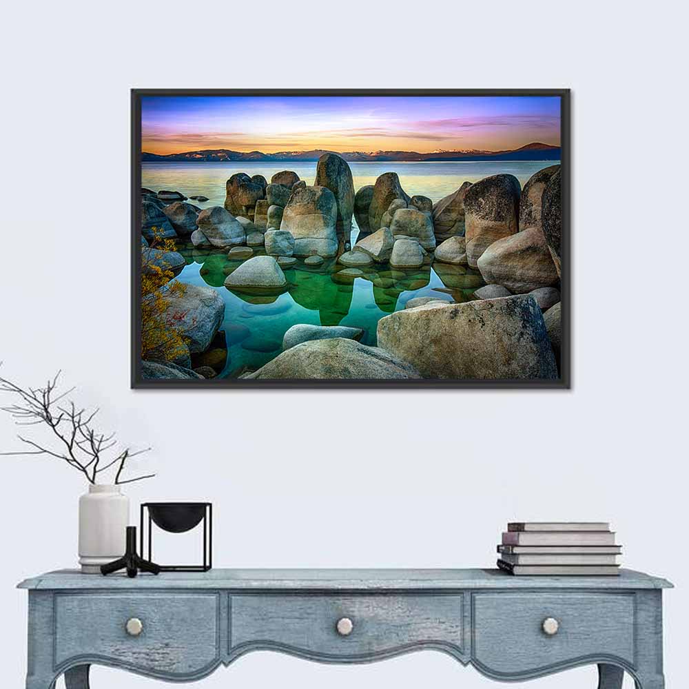 Lake Tahoe Rocky Shoreline at Dusk Wall Art in a room, landscape