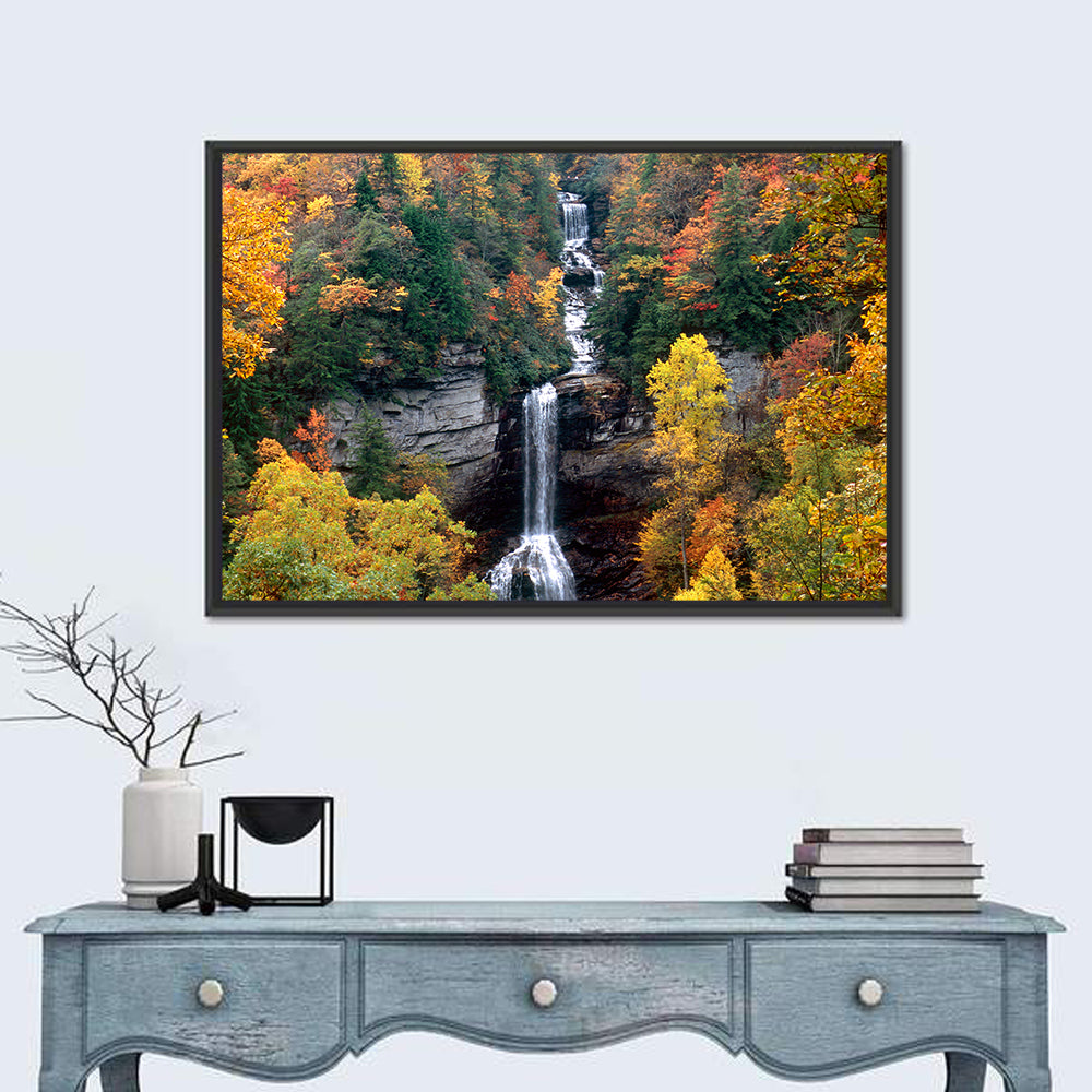 Raven Cliff Waterfall Wall Art in a room, landscape