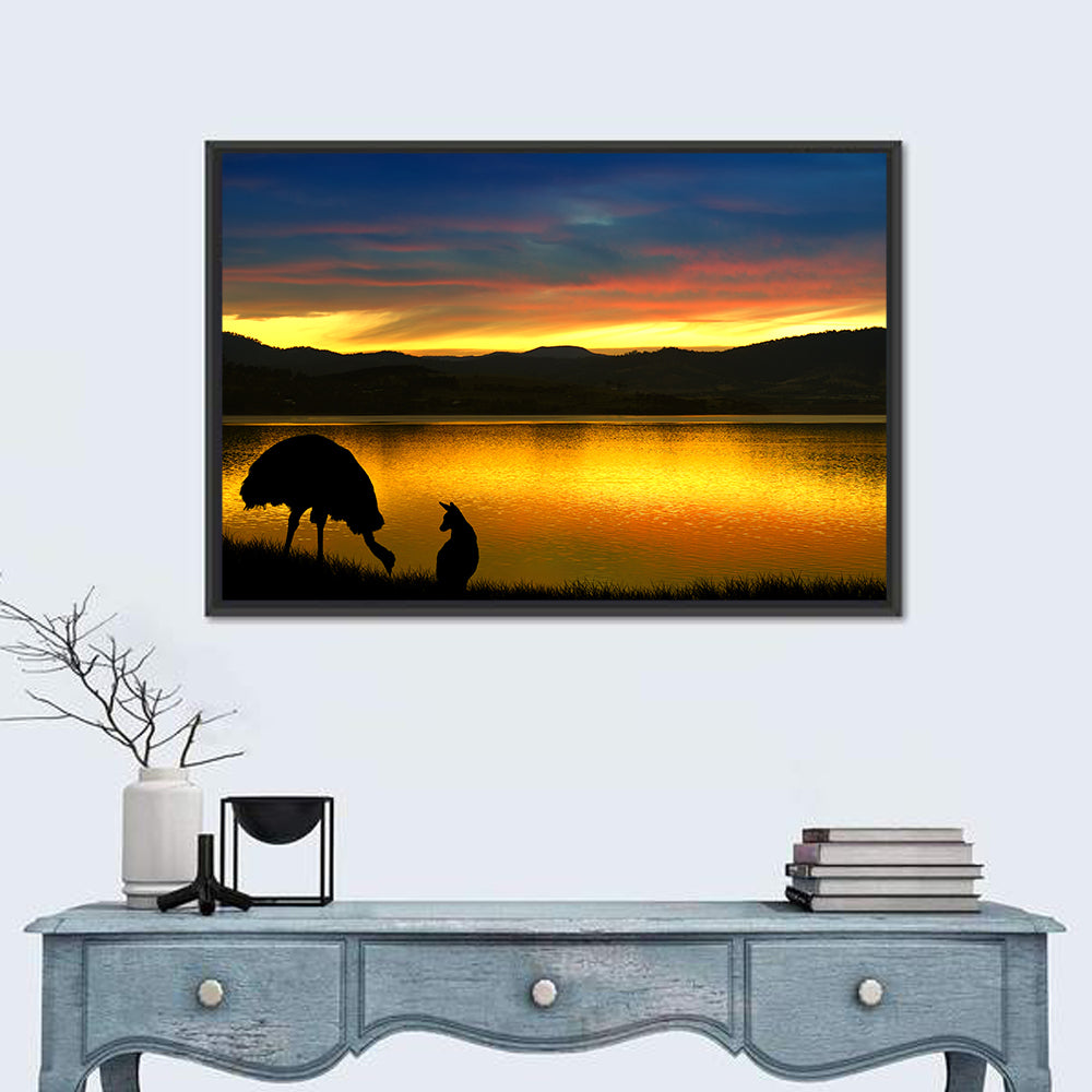 Kangaroo and Emu at Lake Sunset Wall Art in a room, landscape