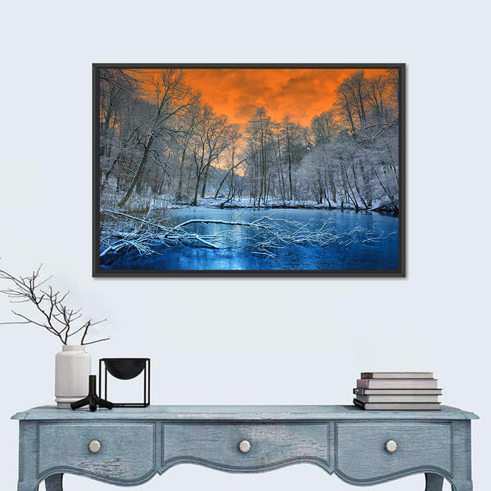 Sunset Over Winter Forest Lake Wall Art