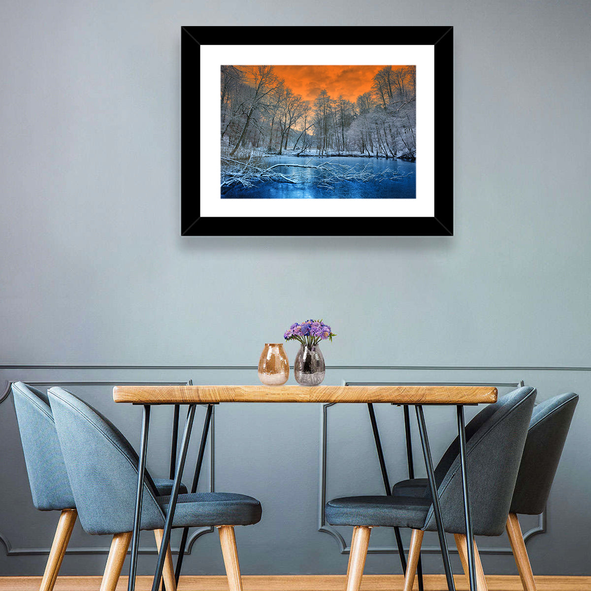 Sunset Over Winter Forest Lake Wall Art in a room, landscape