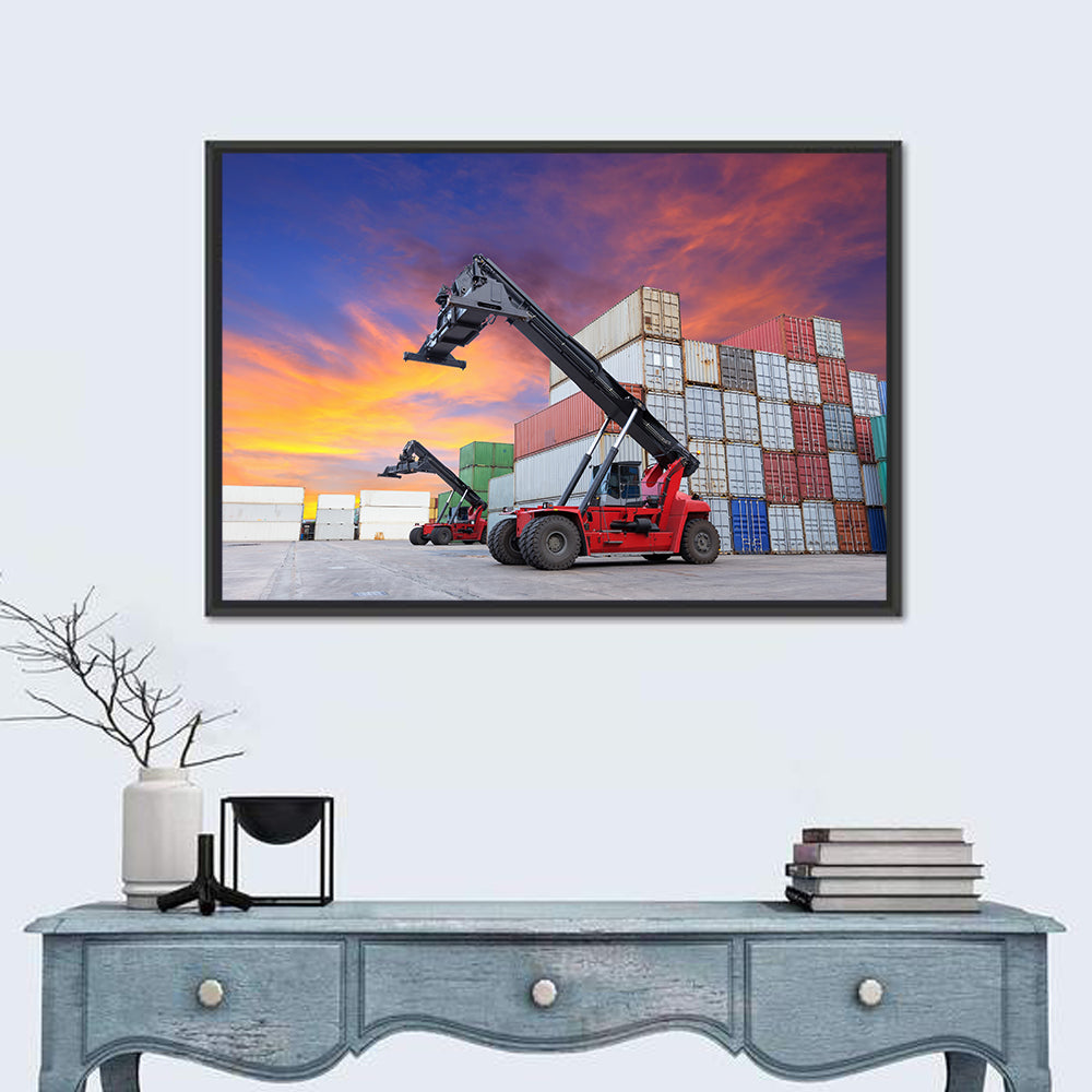 Red Reach Stackers at Sunset Wall Art