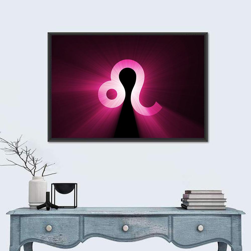 Glowing Magenta Leo Symbol Wall Art in a room, landscape