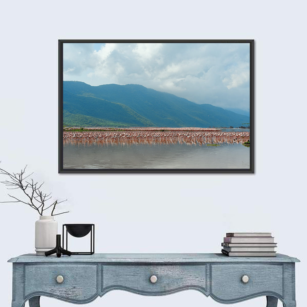 Flock of Flamingos at Lake Bogoria Wall Art in a room, landscape