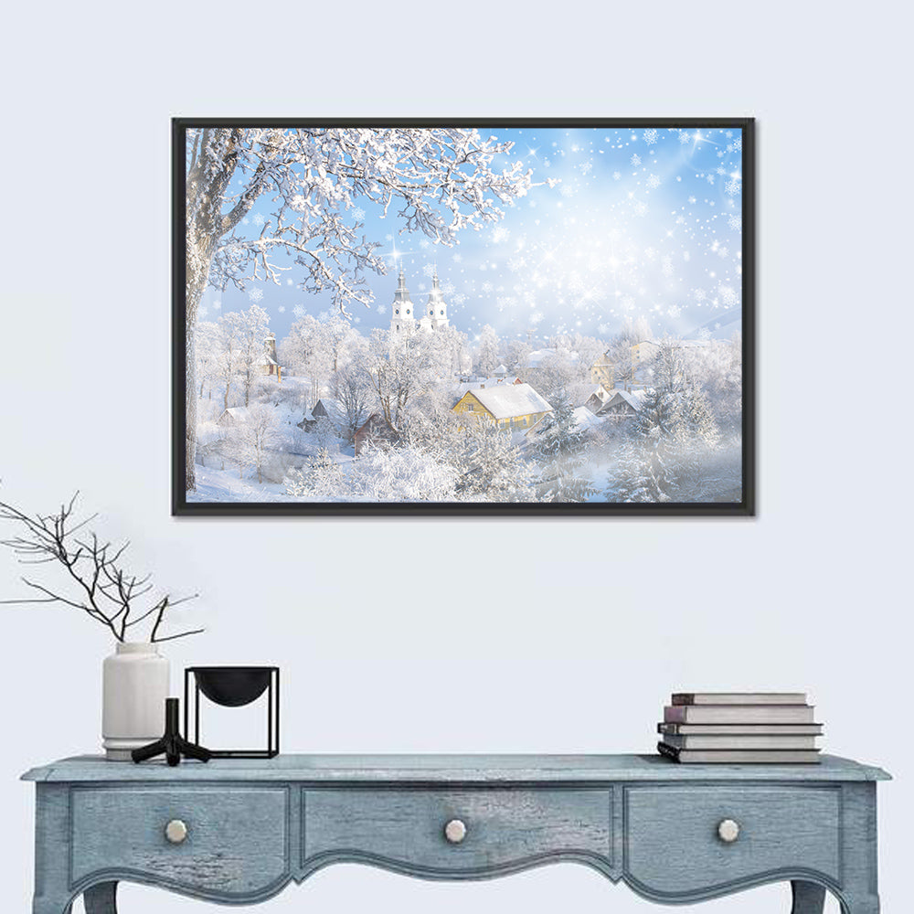 Frosted Village Wall Art in a room, landscape