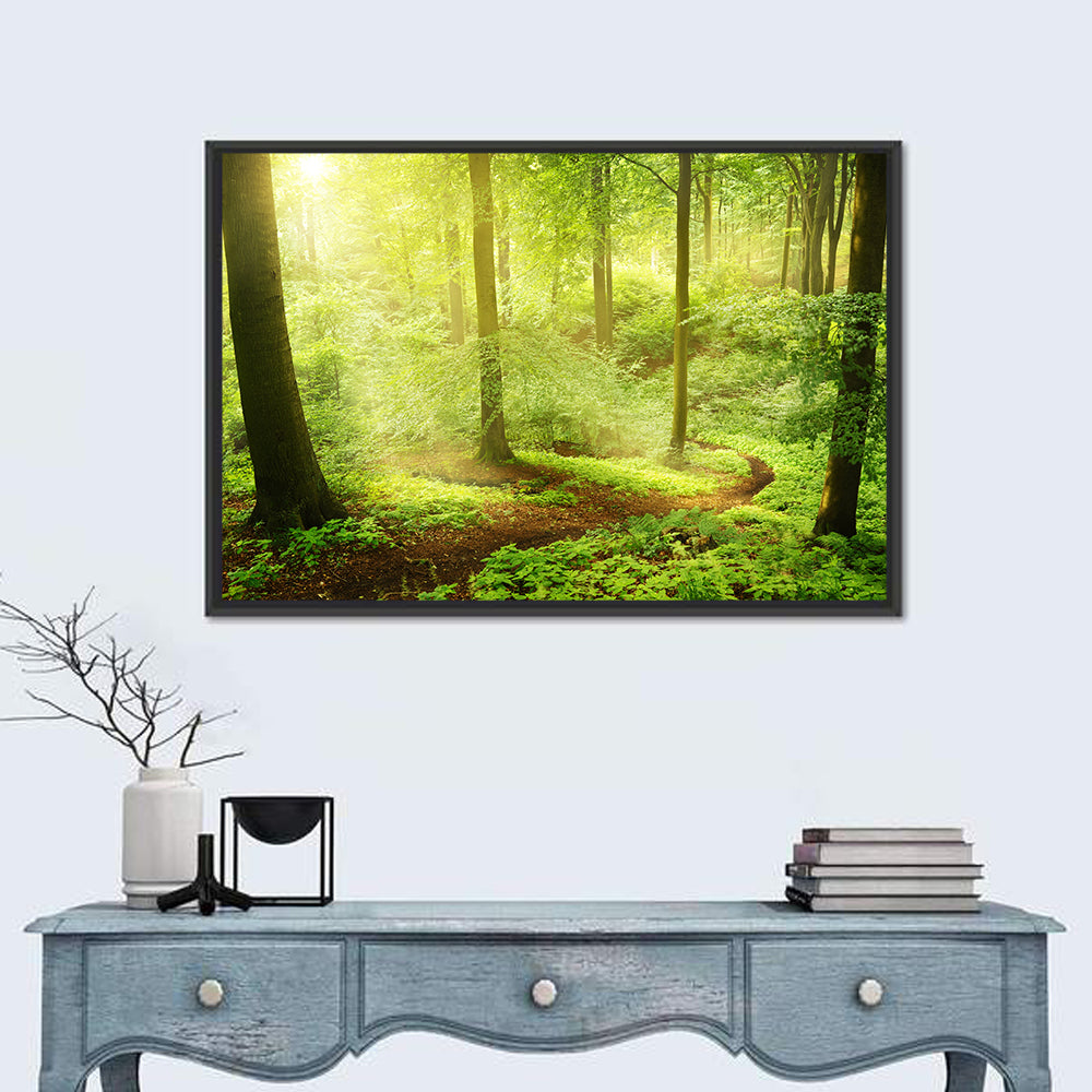 Sunlit Forest Path Wall Art in a room, landscape