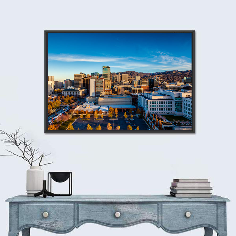 Salt Lake City Skyline at Golden Hour Wall Art in a room, landscape