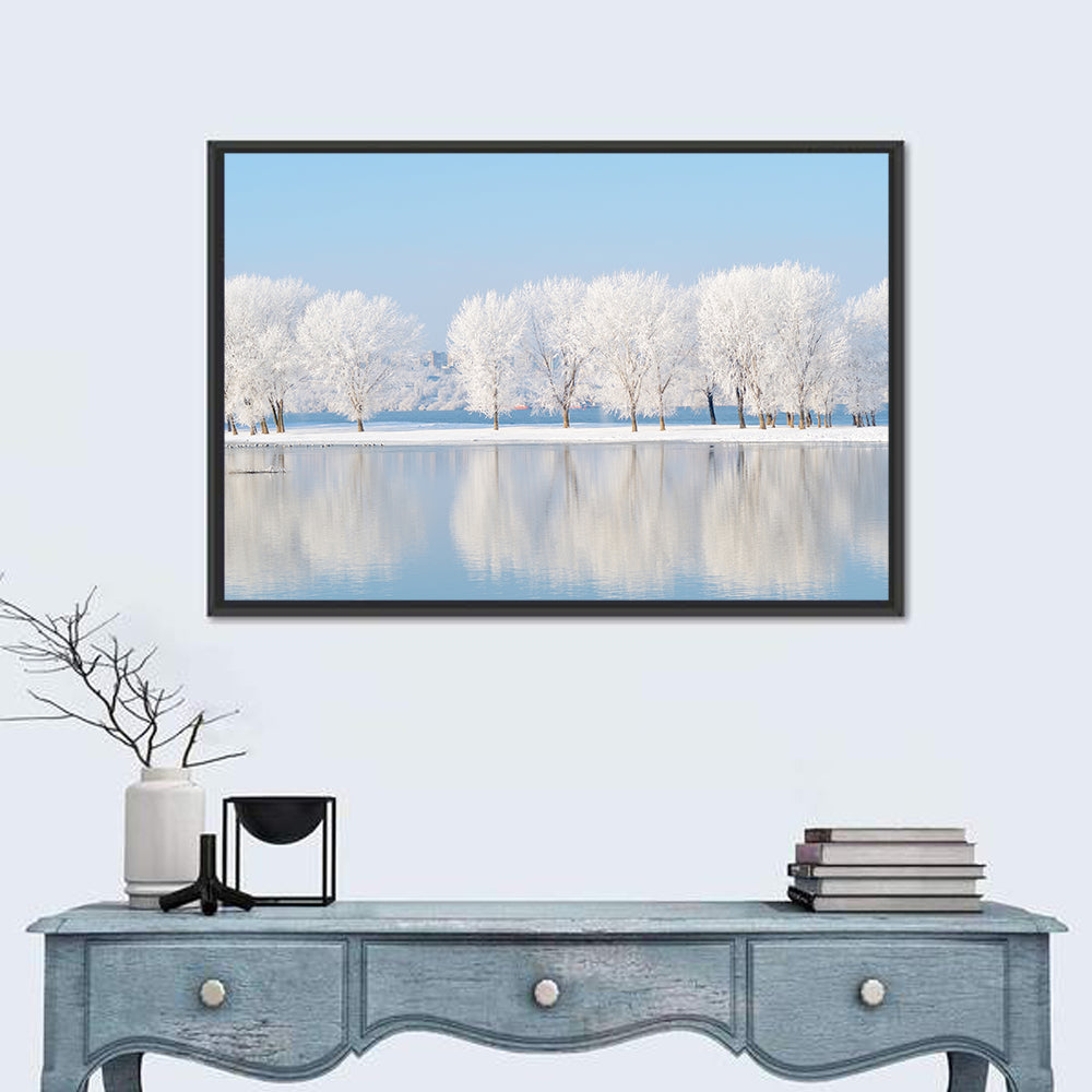 Frosted Winter Trees Reflected on a Quiet Lake Wall Art in a room, landscape