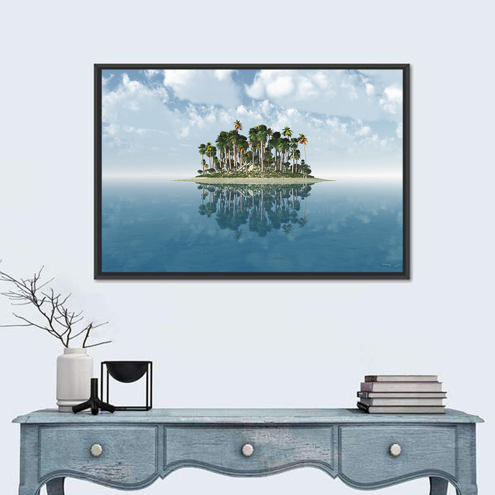 Tropical Island Mirror Reflection Wall Art in a room, landscape