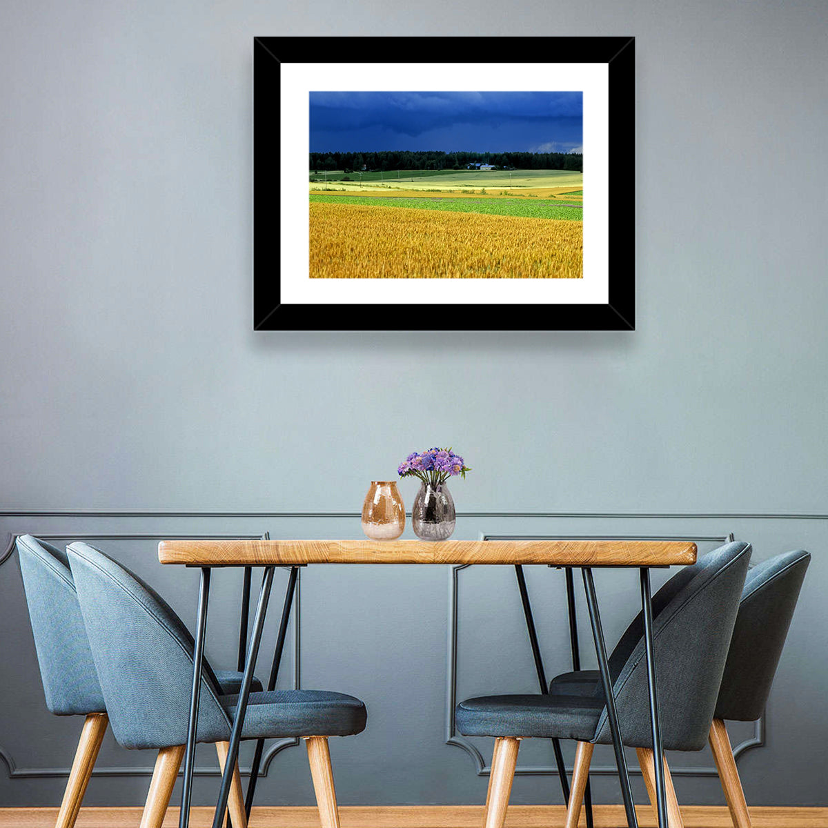 Cornfields Under Stormy Sky Wall Art in a room, landscape
