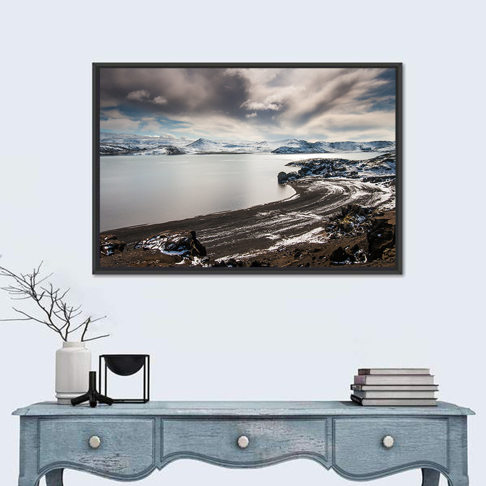 Kleifarvatn Black Sand Shore Wall Art in a room, landscape