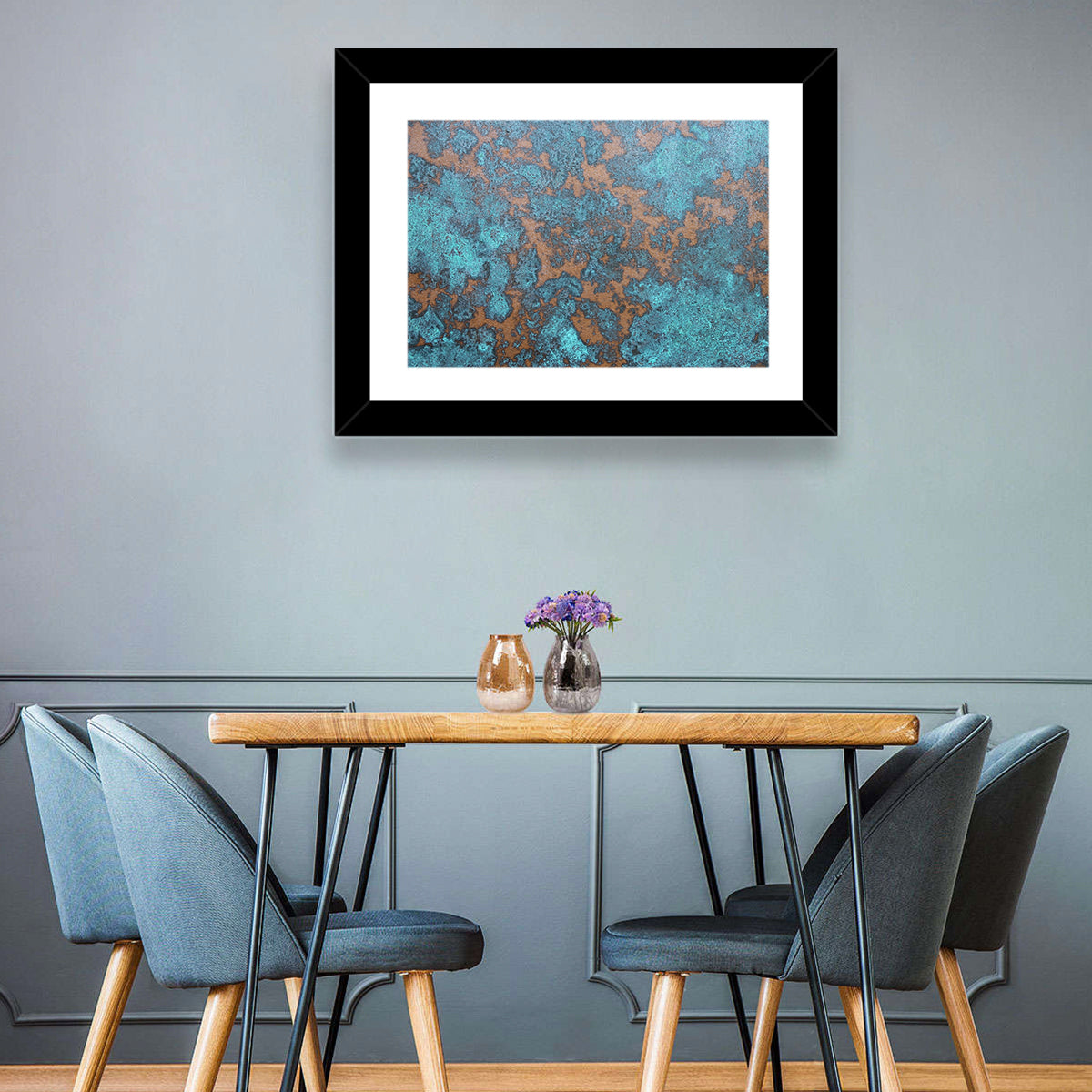 Oxidized Copper Patina Abstract Wall Art in a room, landscape