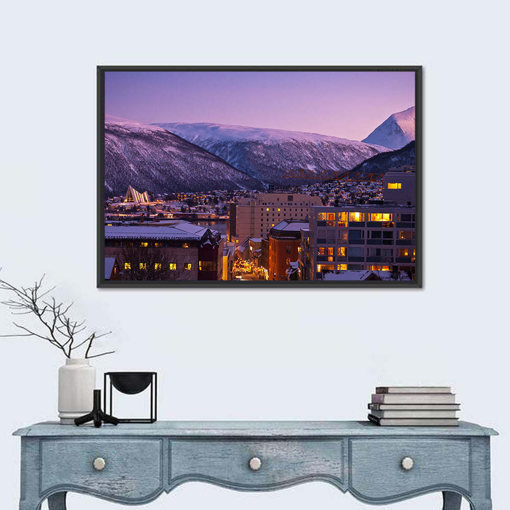 Tromsø Twilight Cityscape Wall Art in a room, landscape