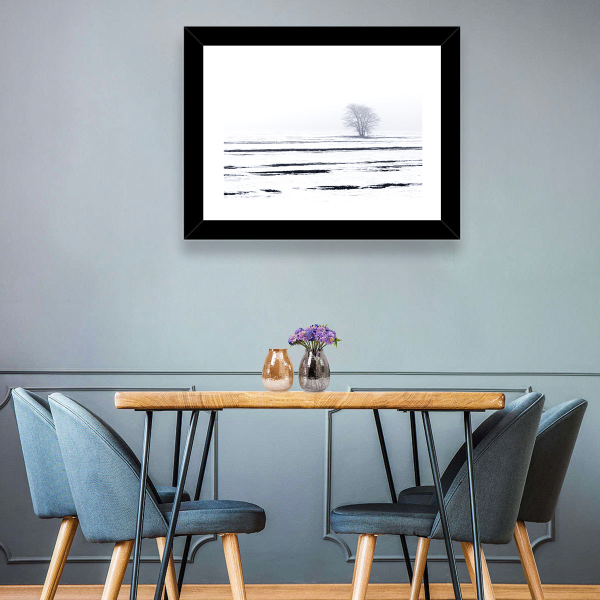 Foggy Winter Field with Lone Tree Wall Art in a room, landscape