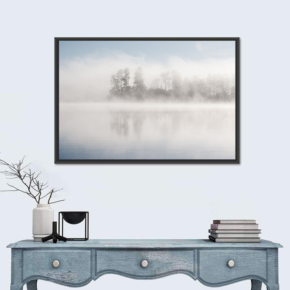 Misty Forest Lake Wall Art in a room, landscape