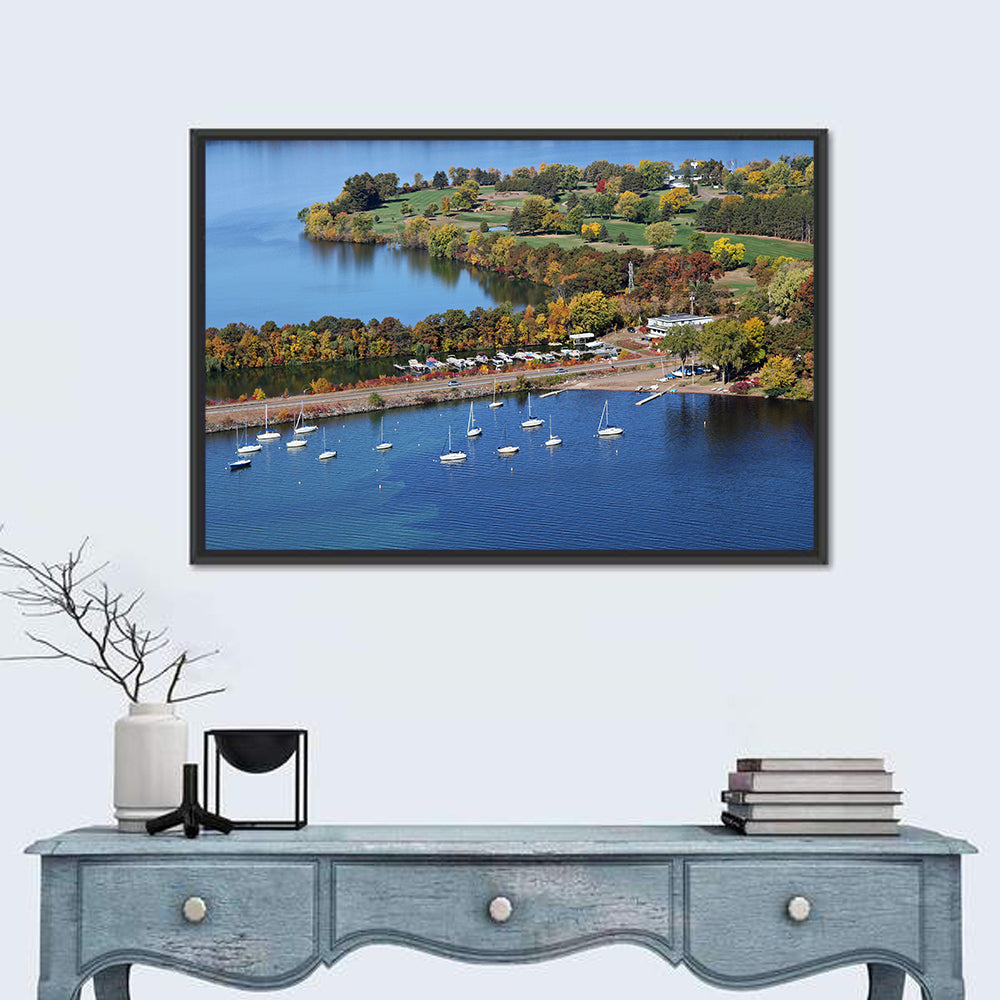 Lake Wissota Aerial Wall Art in a room, landscape