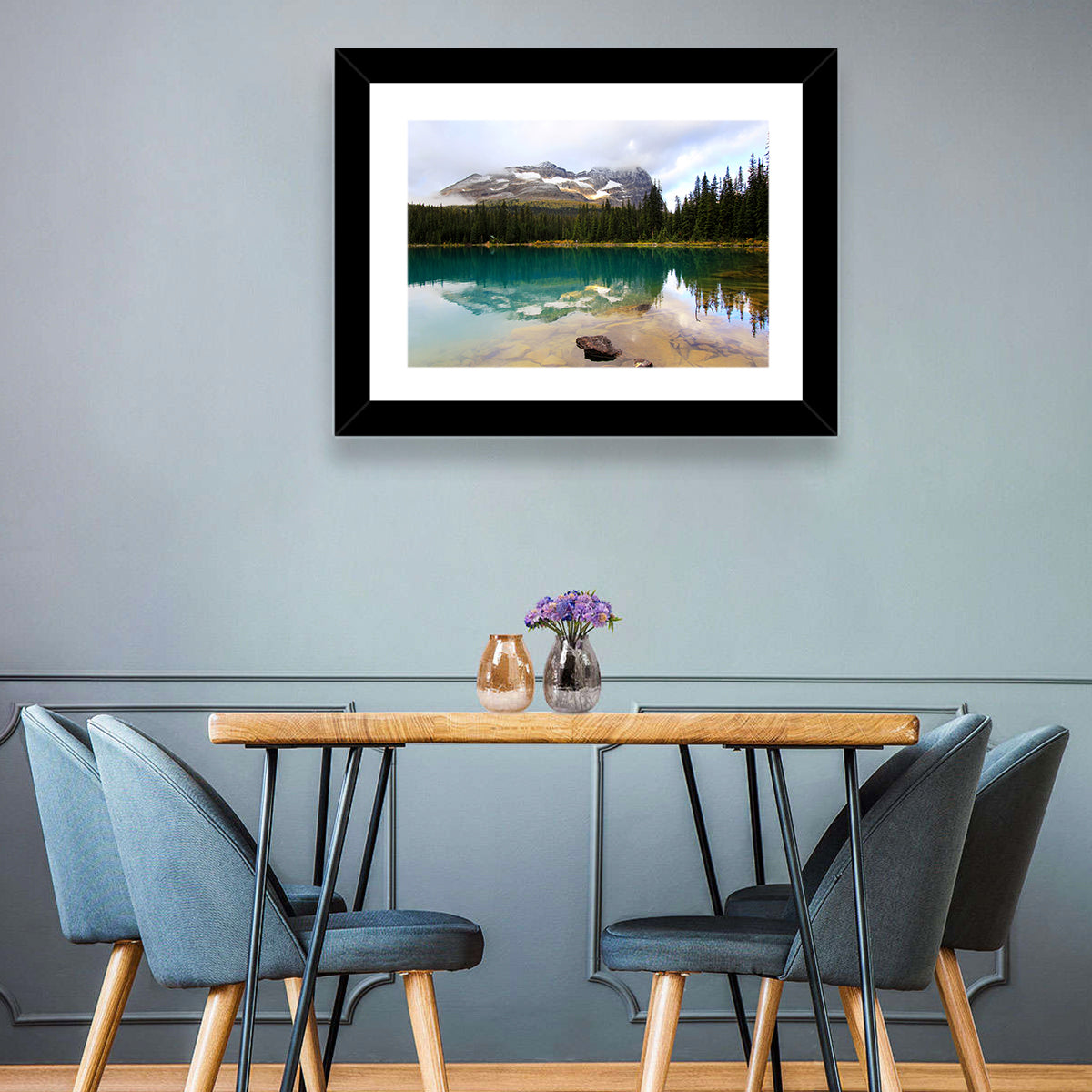 Lake O Hara Mountain Reflection Wall Art in a room, landscape