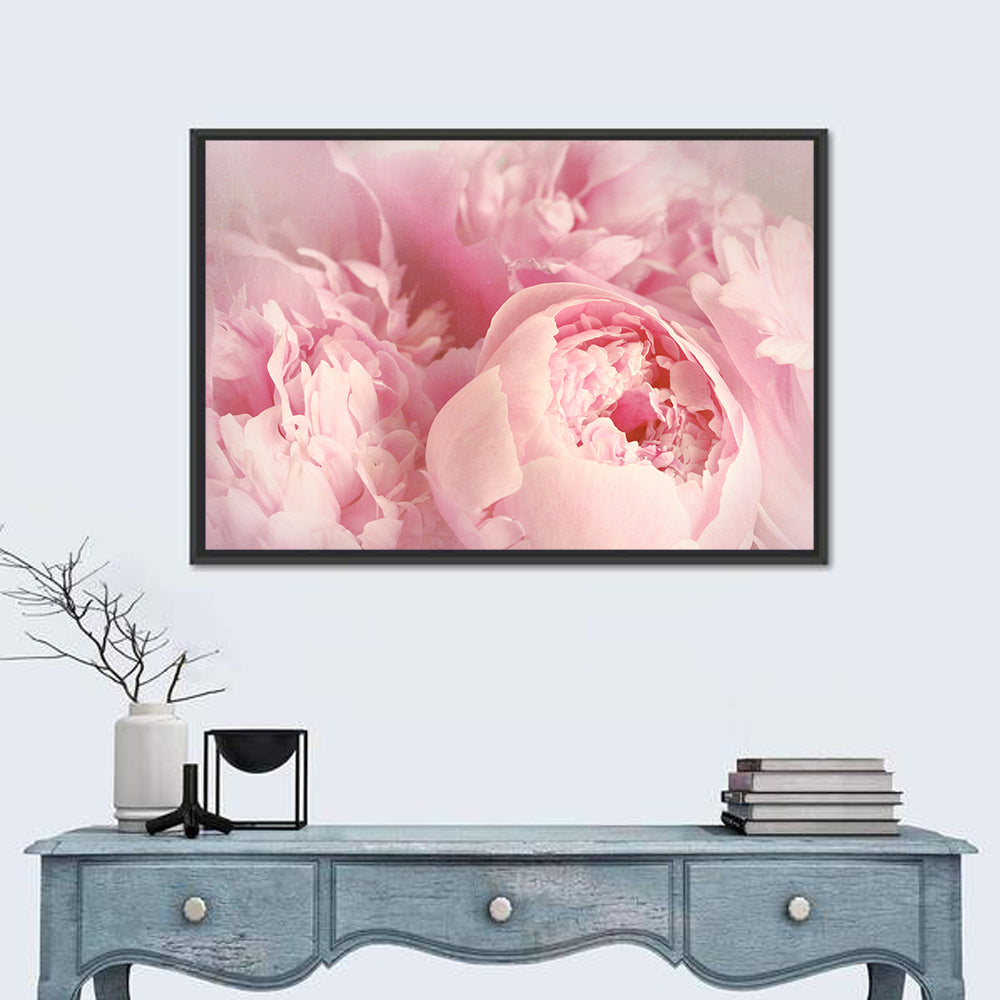 Soft Pink Peony Close Up Wall Art in a room, landscape