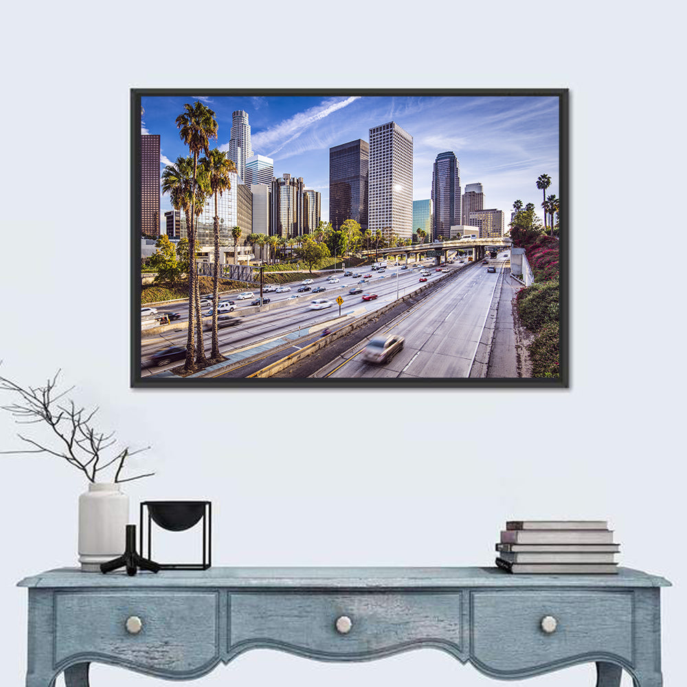 Los Angeles Freeway to Downtown Skyline Wall Art in a room, landscape