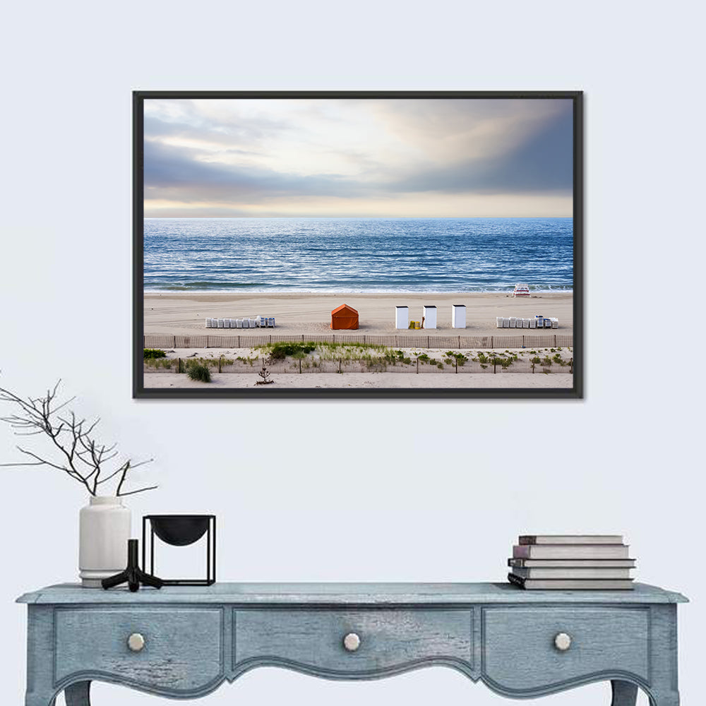 Cape May Beach Huts Wall Art in a room, landscape
