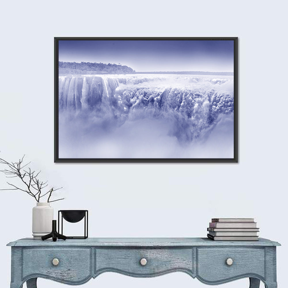 Iguazu Falls Blue Monochrome Wall Art in a room, landscape