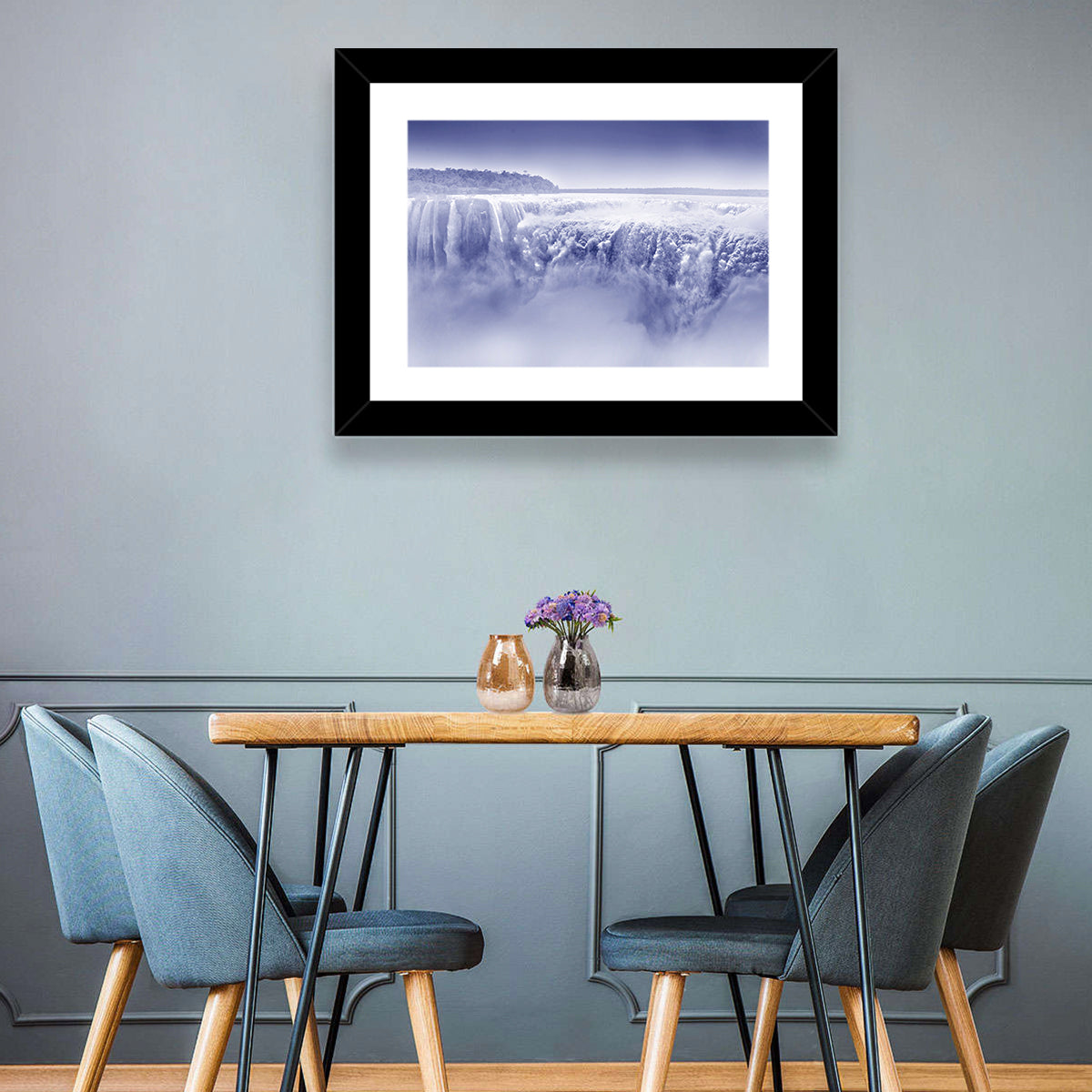 Iguazu Falls Blue Monochrome Wall Art in a room, landscape